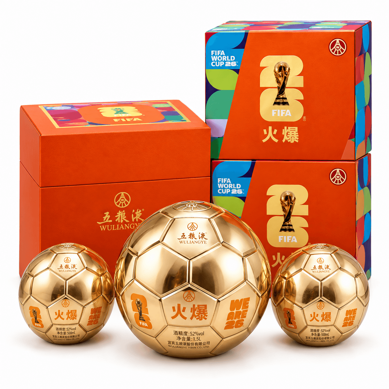 618fba39-d2b9-4fe7-bc6a-ac2bf144437d Wuliangye FIFA World Cup™ Golden Football Limited Edition Gift Set 五粮液 FIFA World Cup 2026™ 火爆金球限量礼盒套装 1.5L+500mlx2 52% - Image 1