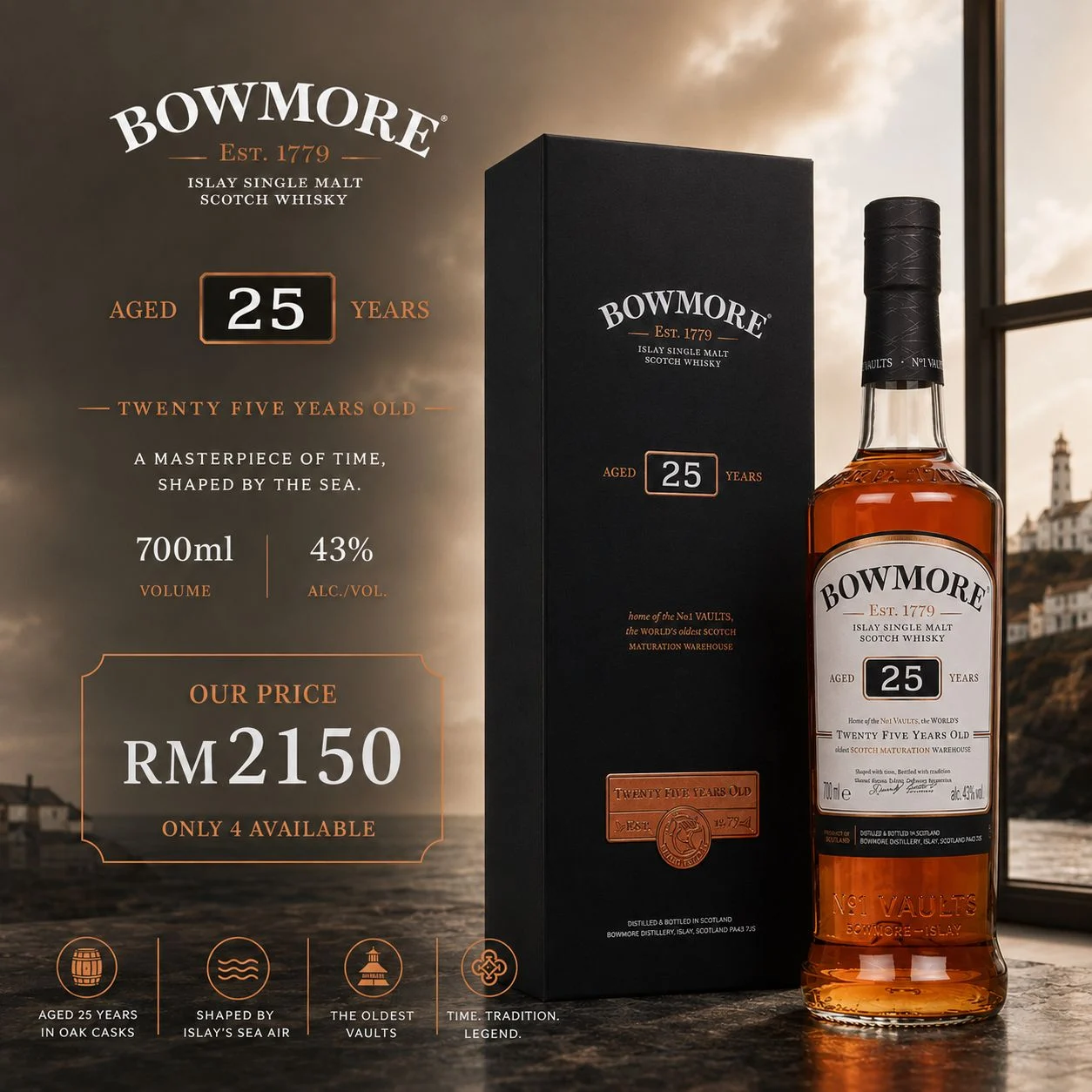 Bowmore 25 Year Old Islay Single Malt Scotch Whisky, 700ml 43% ABV, our price RM2150, only 4 available