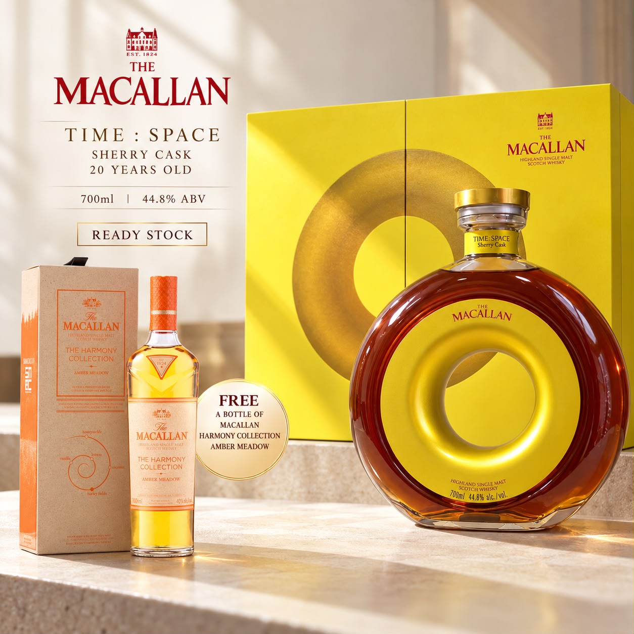 The Macallan Time:Space Sherry Cask 20 Years Old, ready stock, with a free bottle of Macallan Harmony Collection Amber Meadow